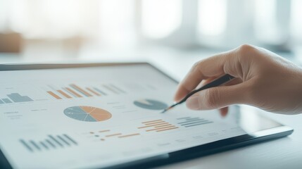 A person analyzes data on a tablet, highlighting graphs and charts, showcasing modern data visualization techniques in a professional setting.