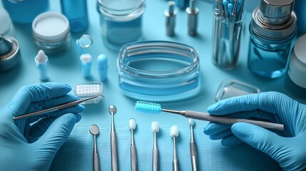 Surgical Setup of Dental Tools and Instruments Perfectly Organized in a Sterile Clinical Environment 無菌の臨床環境で完璧に整理された歯科用ツールと器具の手術セットアップ.Generative AI