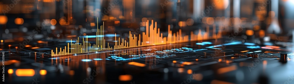 Poster a vibrant visualization of sound waves on a digital interface, showcasing an audio signal's dynamic 