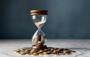 An hourglass with coins rising from the bottom symbolizes investment growth over time. The gradient background highlights the financial journey and positive outcomes.