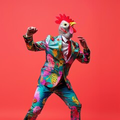 Fototapeta premium Freak in chicken mask dancing, masquerade, absurd carnival, having fun in costume party, weird mask head