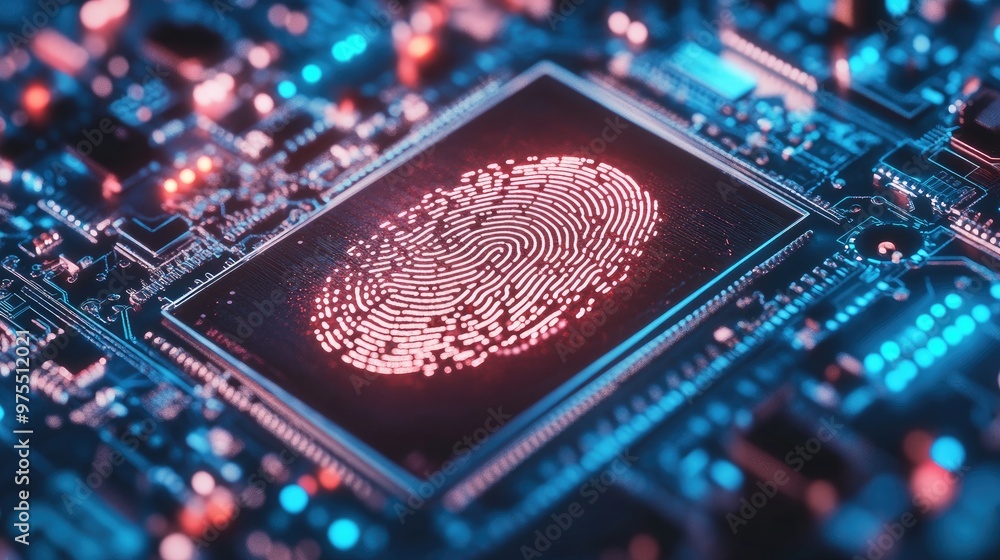 Poster microcircuit board with a fingerprint scan, showcasing a futuristic approach to technology and biome