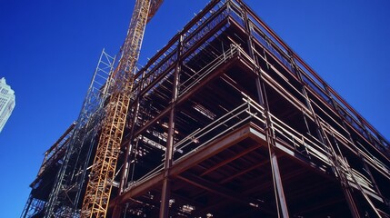 Massive steel beam supported by temporary scaffolding rises towards the sky, forming the skeletal framework of a modern high-rise building under construction.