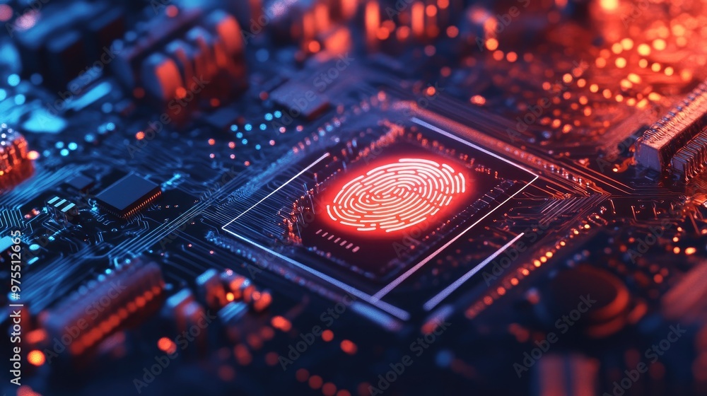 Poster microcircuit board with a fingerprint scan, showcasing a futuristic approach to technology and biome