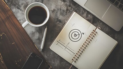 Naklejka premium Business journal open to written goals and a target symbol beside a laptop and coffee cup on a desk showing organization and productivity in a work environment