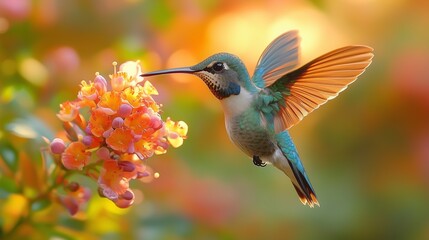 Fototapeta premium Ultra hd macro Colorful humming bird are flying near flowers and pecking at water droplets falling from beautiful wild flowers pollen. 