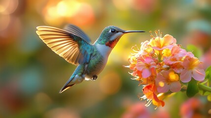 Fototapeta premium Ultra hd macro Colorful humming bird are flying near flowers and pecking at water droplets falling from beautiful wild flowers pollen. 