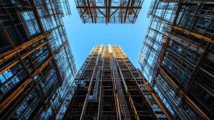 Massive steel beam supported by temporary scaffolding rises towards the sky, forming the skeletal framework of a modern high-rise building under construction.