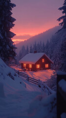 Winter cabin in snow with pink and orange sky