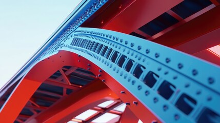 A low angle view of a red steel bridge arch with rivets.