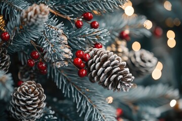 Christmas Tree Close-Up with Cones and Berries