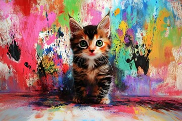 Artistic Kitten in Front of an Abstract Masterpiece. The kitten’s innocent, creative expression adds a fun, artistic flair to this delightful wallpaper.