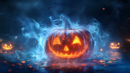 A magic pumpkin surrounded by swirling mist and glowing symbols, set against a cool, dark Halloween night