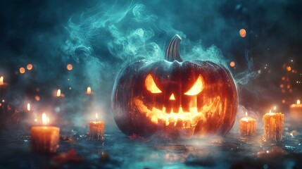 Naklejka premium A glowing pumpkin radiating magical light, surrounded by floating candles and swirling mist, Halloween night with a cool vibe
