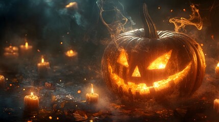 A glowing pumpkin radiating magical light, surrounded by floating candles and swirling mist, Halloween night with a cool vibe
