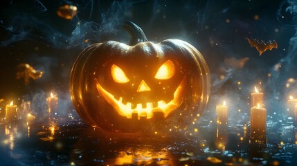 Naklejka premium A glowing pumpkin radiating magical light, surrounded by floating candles and swirling mist, Halloween night with a cool vibe