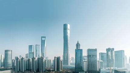 A city skyline with modern skyscrapers and business offices during the day 