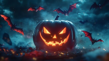 Naklejka premium A glowing pumpkin surrounded by floating bats, glowing with magic in the night sky, cool Halloween style