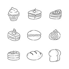 Dessert cake doodle line icons collection. Hand drawn outline style. isolated illustration