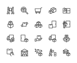 Cargo delivery vector linear icons set. Contains such cargo delivery icons as delivery, customs, cart, box, parcel and more.