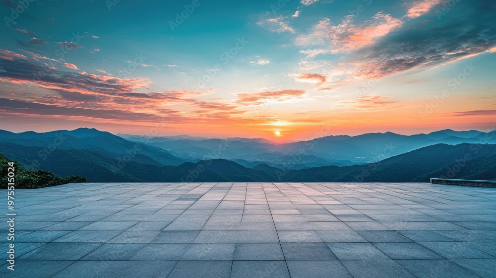 Poster panoramic view of an empty square floor with a vast green mountain range in the background, under a 