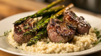 Gourmet Plate of Lamb Chops and Risotto with Tender Charred Asparagus | 16:9