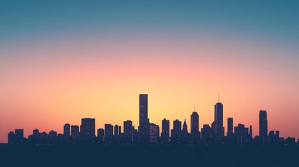 Minimalist city skyline silhouette at sunset, with a clean gradient sky for adding text or branding