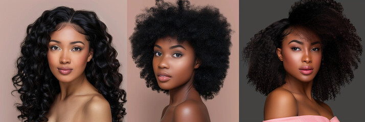 Natural hair beauty portrait three black pretty model women curly afro hairstyles glowing skin wig haircare product ad promotional diverse representation modern style  banner ad promo haircare salon