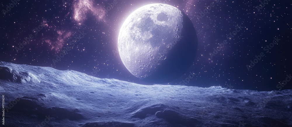 Poster moonlit scene with celestial elements featuring a 3d rendering of the moon and surrounding space