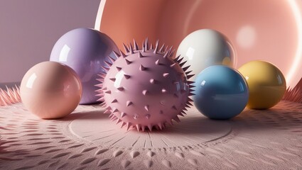 Surreal abstract image with glossy spherical objects and a central spiky light purple sphere. Pastel colors in pink, blue, yellow, white, with a gradient background, generative ai