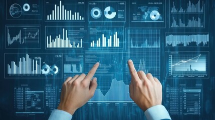 Hands interacting with digital data, graphs, and charts on a futuristic interface.
