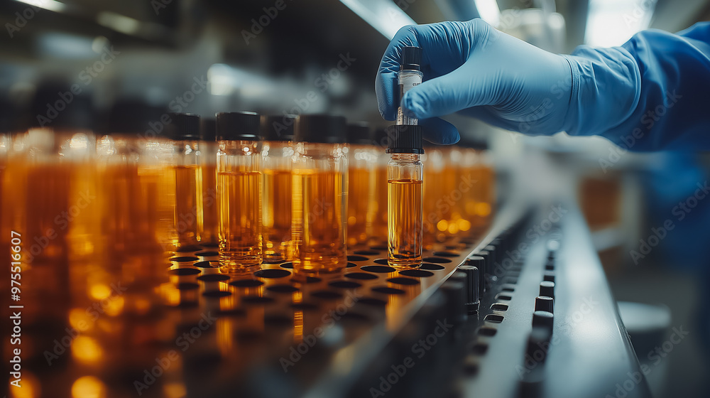 Poster a person is holding a bottle of liquid in a lab. the bottles are lined up on a table