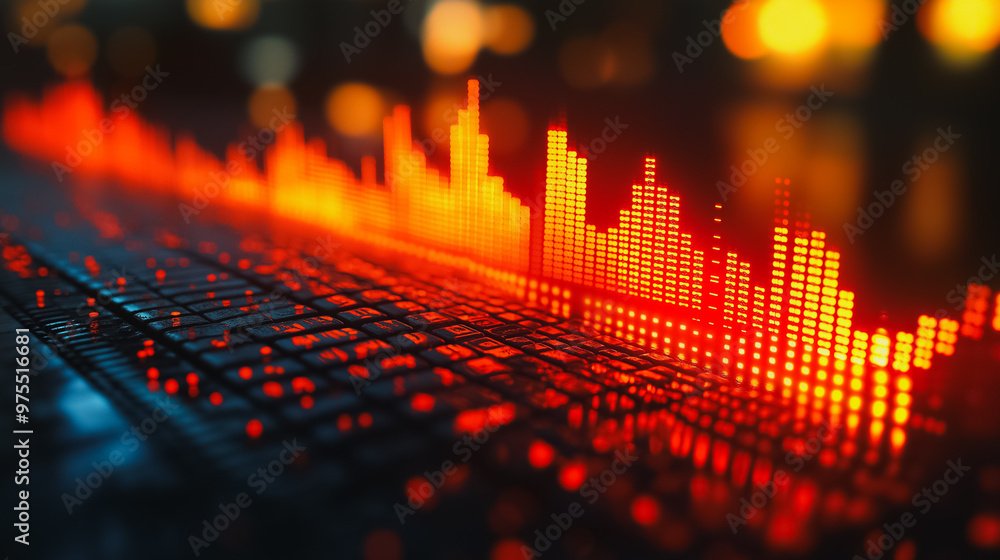 Poster a computer keyboard with a red line on it. the red line is a wave that is going up and down