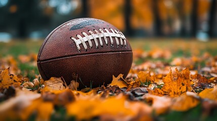 A brown leather American football sits on a bed of fallen autumn leaves, with a blurred background of trees.