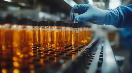 A person is holding a bottle of liquid in a lab. The bottles are lined up on a table