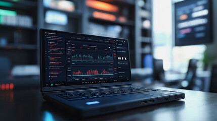 Fototapeta premium A laptop computer is open to a screen displaying a graph of stock prices. The laptop is on a desk in front of a bookshelf