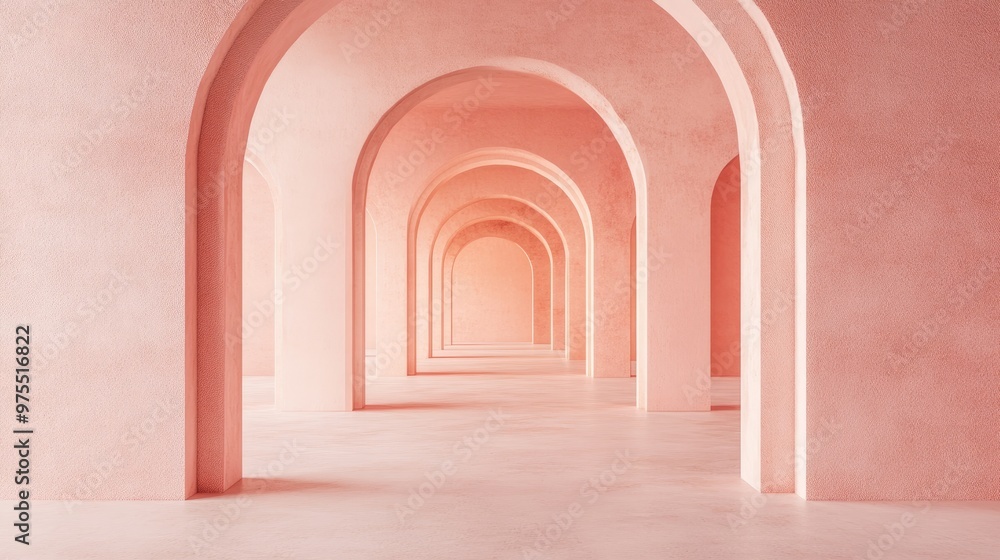 Aufkleber surreal 3d rendering featuring an abstract arch corridor with a pastel pink backdrop creating a uniq