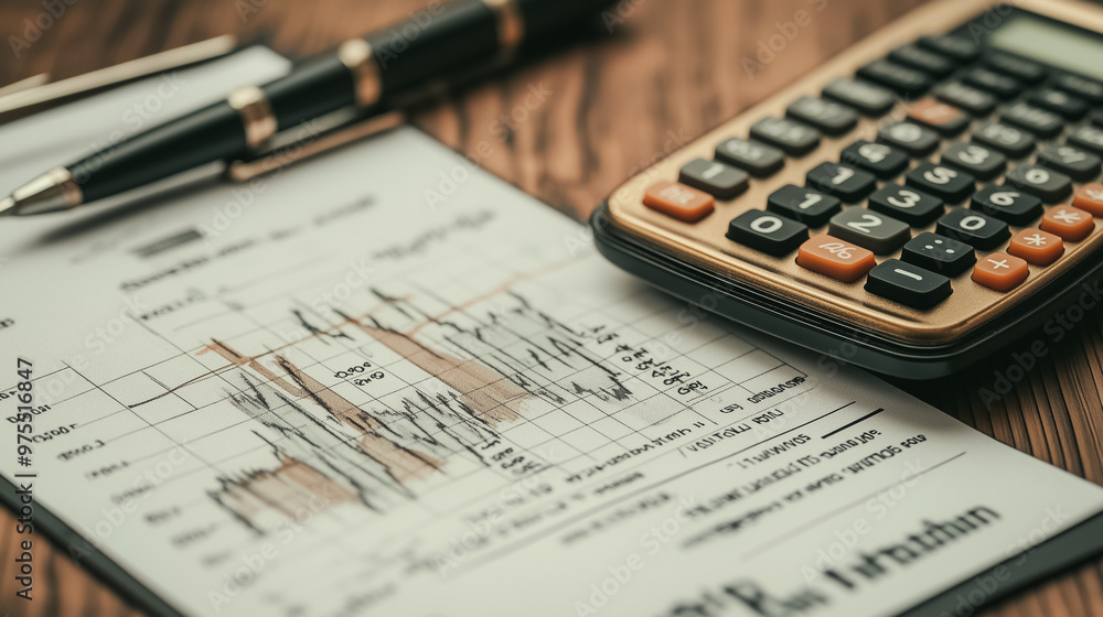 Poster a calculator sits on top of a piece of paper with a graph on it. the calculator is a black and gold 
