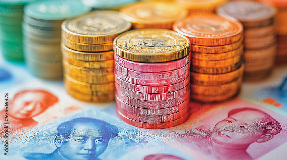 Poster a stack of coins and a bill with a chinese character on it. the coins are of different colors and si