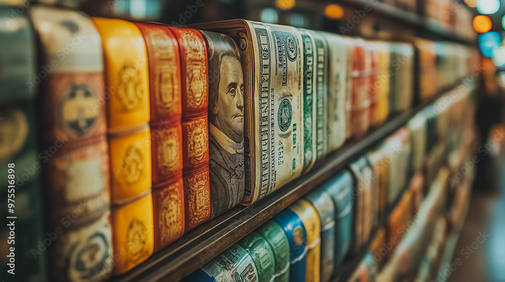 Aufkleber a row of books with dollar bills on the spines. the books are colorful and arranged in a way that ma