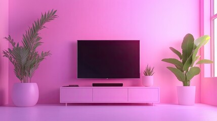 Pink wall living room interior with a flat screen TV, white media console, potted plants and window.