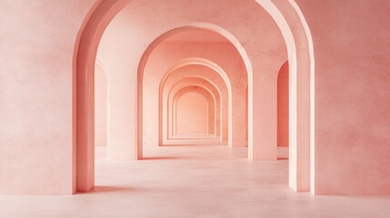 Obraz premium Surreal 3D rendering featuring an abstract arch corridor with a pastel pink backdrop creating a unique interior concept