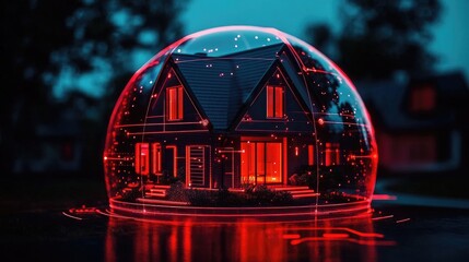 Red protective dome around a home, illustrating advanced home security technology and alarm system protection on a dark background.