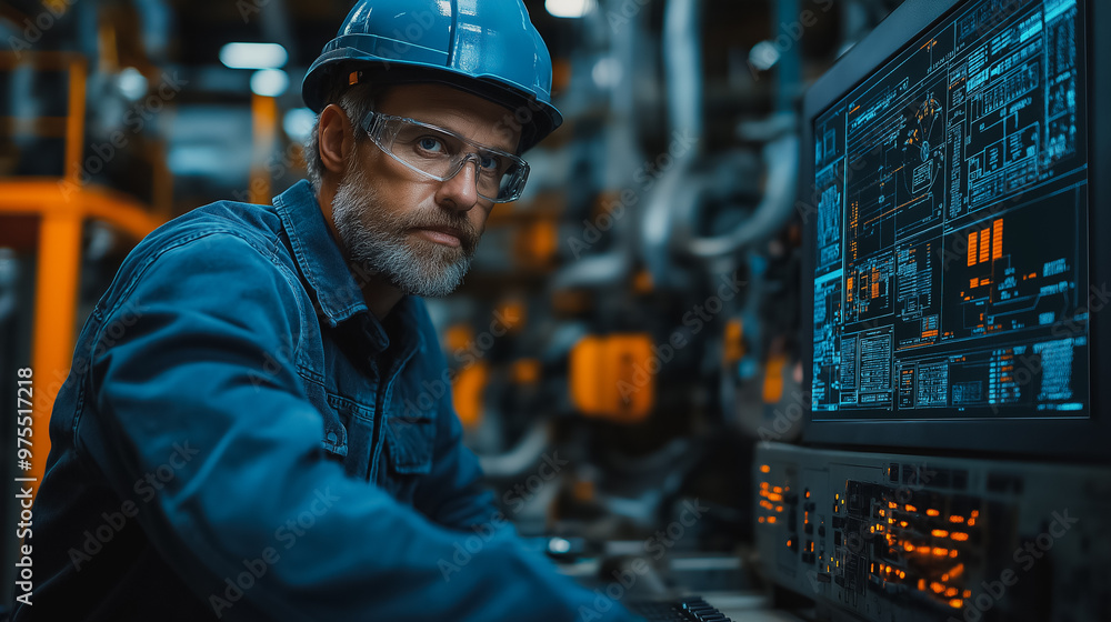 Poster a man wearing a blue shirt and a hard hat is looking at a computer screen. he is focused on the scre