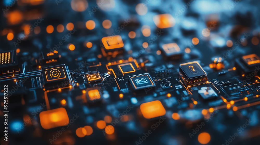 Poster a close up of a computer chip with many small orange squares. concept of complexity and intricacy, a
