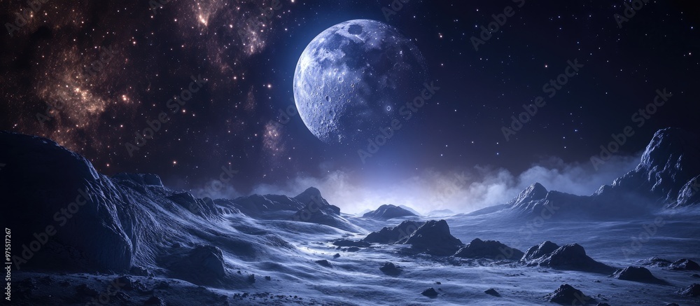 Poster Moonlit scene with celestial elements featuring a 3D rendering of the moon and surrounding space