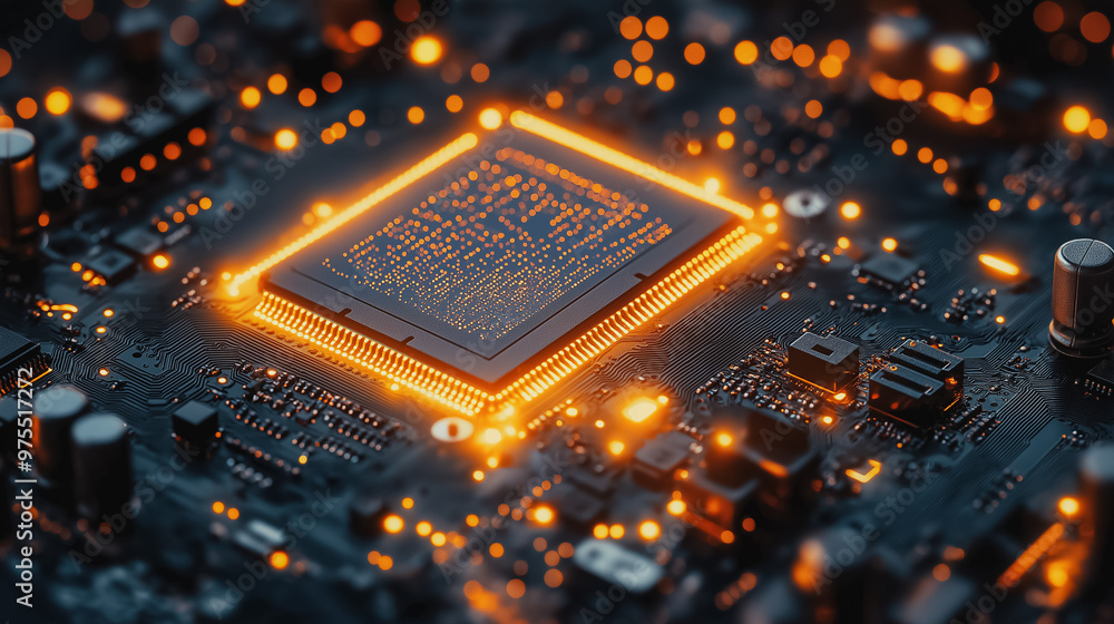 Poster a computer chip is lit up with orange lights. the chip is a microprocessor, and the lights are meant