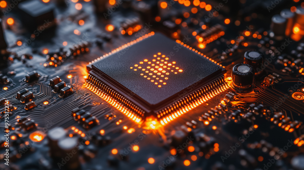 Poster a computer chip is lit up with orange lights. the chip is a microprocessor, and the lights are on to