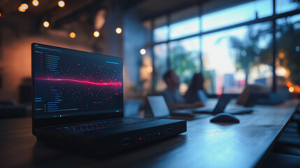 Fototapeta premium A laptop is on a table in front of a window. The laptop screen is displaying a graph with red lines. The room is dimly lit, and there are several people sitting at the table. Scene is somewhat serious