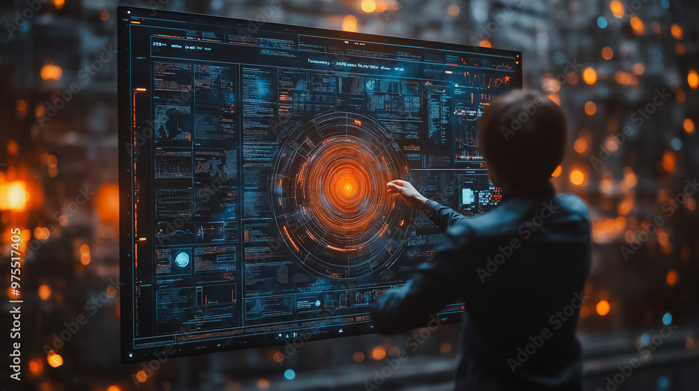 Poster a person is pointing at a computer monitor displaying a circle of numbers. concept of curiosity and 
